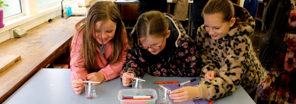 year 6 students trying science experiments at Tiverton High School